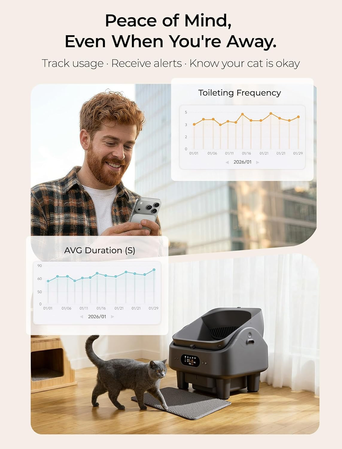 Automatic Litter Box,  Smart Self Cleaning Cat Litter Box Anti-Pinch, 10 Safety Sensors, Large Cat Litter Boxs for Multiple Cats, 5G & 2.4G Wifi, 6" LED Display, Odor Control Robot, Grey