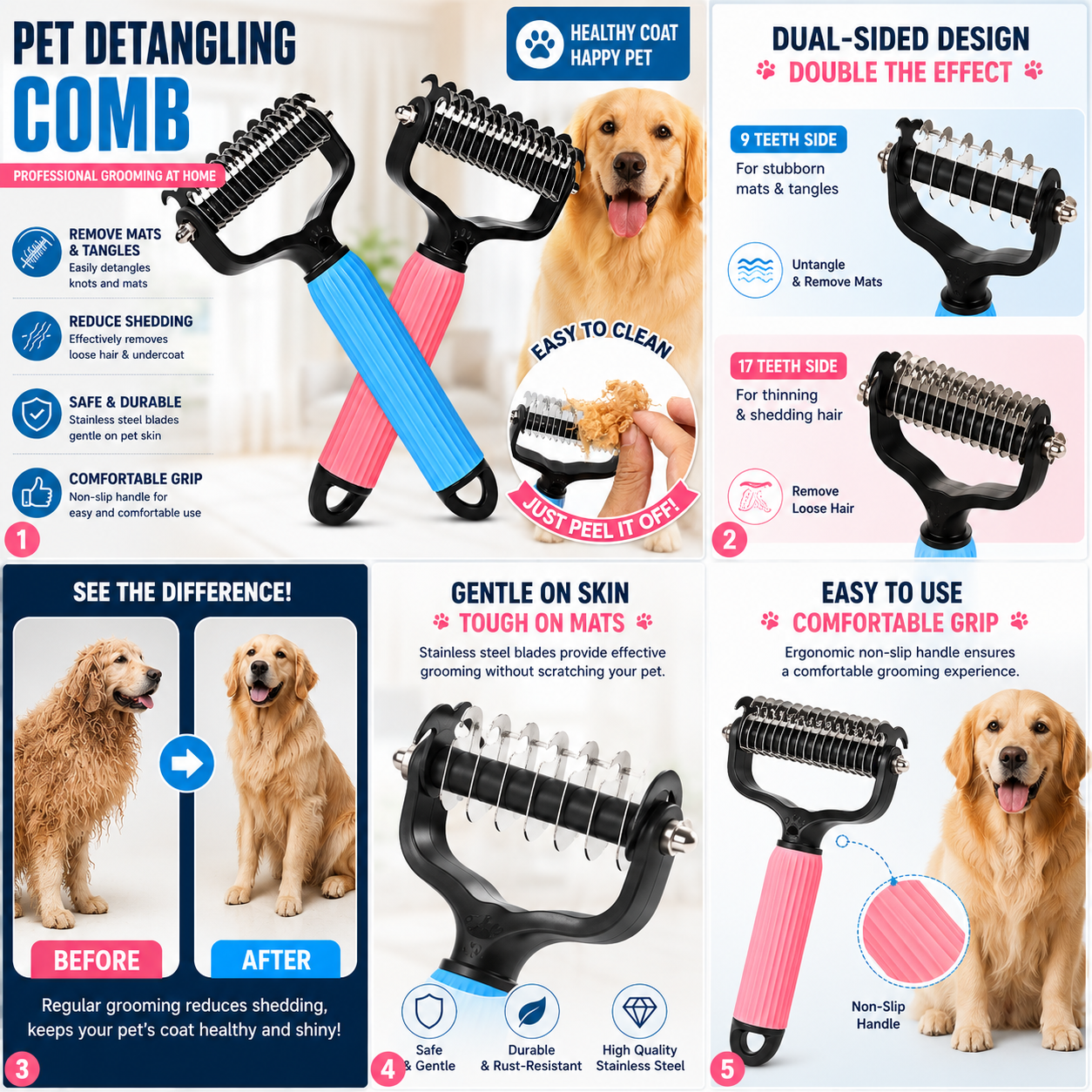 Pet Grooming Detangling Comb for Dogs & Cats