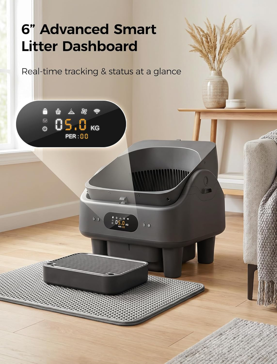 Automatic Litter Box,  Smart Self Cleaning Cat Litter Box Anti-Pinch, 10 Safety Sensors, Large Cat Litter Boxs for Multiple Cats, 5G & 2.4G Wifi, 6" LED Display, Odor Control Robot, Grey