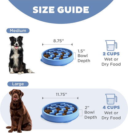 Fun Feeder Slo Bowl – Large 4‑Cup Capacity, Slow Feeding, Medium to Large Dogs, Non‑Slip, Blue, Notch Pattern
