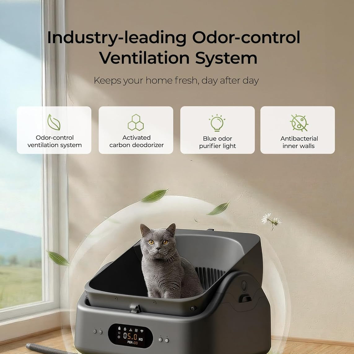 Automatic Litter Box,  Smart Self Cleaning Cat Litter Box Anti-Pinch, 10 Safety Sensors, Large Cat Litter Boxs for Multiple Cats, 5G & 2.4G Wifi, 6" LED Display, Odor Control Robot, Grey