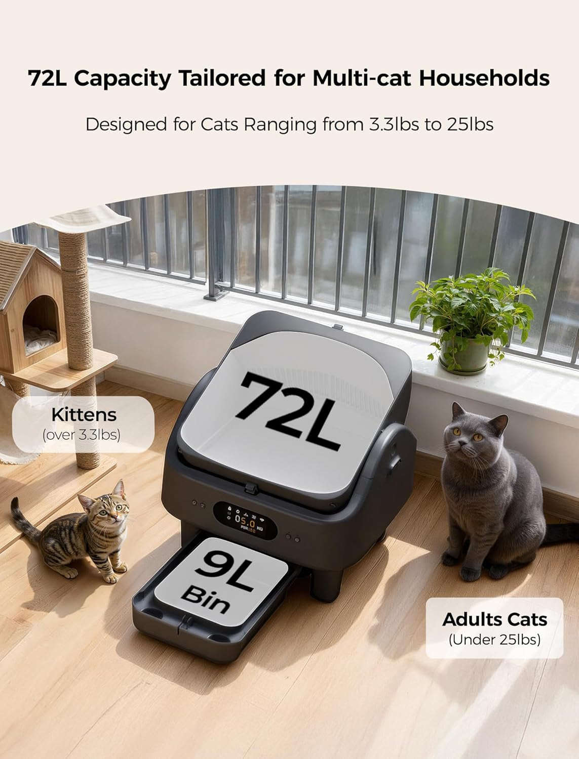Automatic Litter Box,  Smart Self Cleaning Cat Litter Box Anti-Pinch, 10 Safety Sensors, Large Cat Litter Boxs for Multiple Cats, 5G & 2.4G Wifi, 6" LED Display, Odor Control Robot, Grey