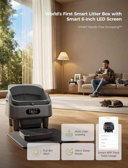 Automatic Litter Box,  Smart Self Cleaning Cat Litter Box Anti-Pinch, 10 Safety Sensors, Large Cat Litter Boxs for Multiple Cats, 5G & 2.4G Wifi, 6" LED Display, Odor Control Robot, Grey