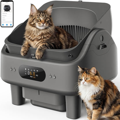 Automatic Litter Box,  Smart Self Cleaning Cat Litter Box Anti-Pinch, 10 Safety Sensors, Large Cat Litter Boxs for Multiple Cats, 5G & 2.4G Wifi, 6" LED Display, Odor Control Robot, Grey